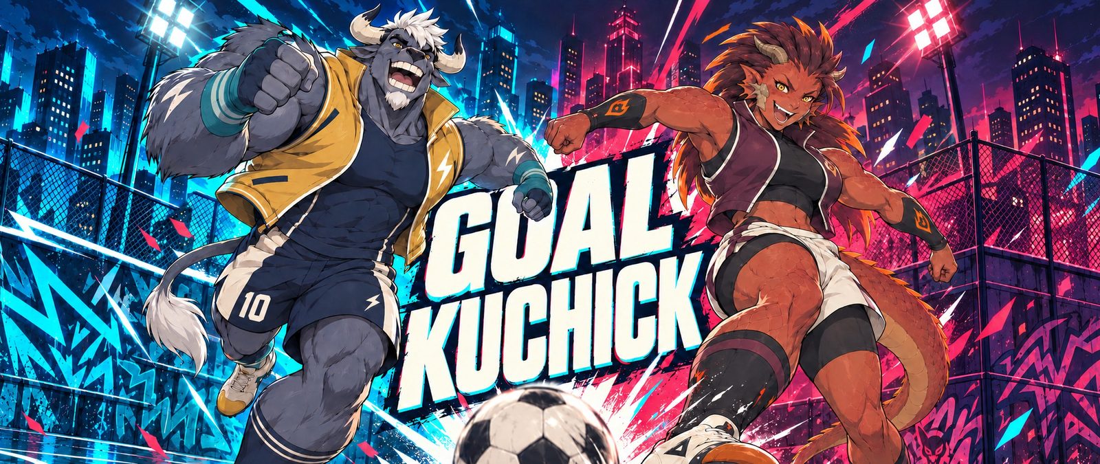 Goal Kuchick key art: Bront the bull and Cinder race for the ball under the city's floodlights, the Goal Kuchick logo between them